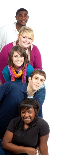 Youth postcard 5 young adults peeking from the side, each is "stacked" on top of the other