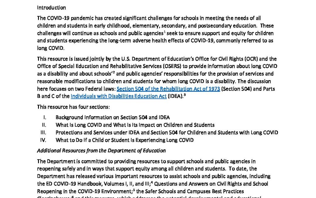 Long COVID under Section 504 and the IDEA: A Resource to Support Children, Students, Educators, Schools, Service Providers, and Families, July 26, 2021